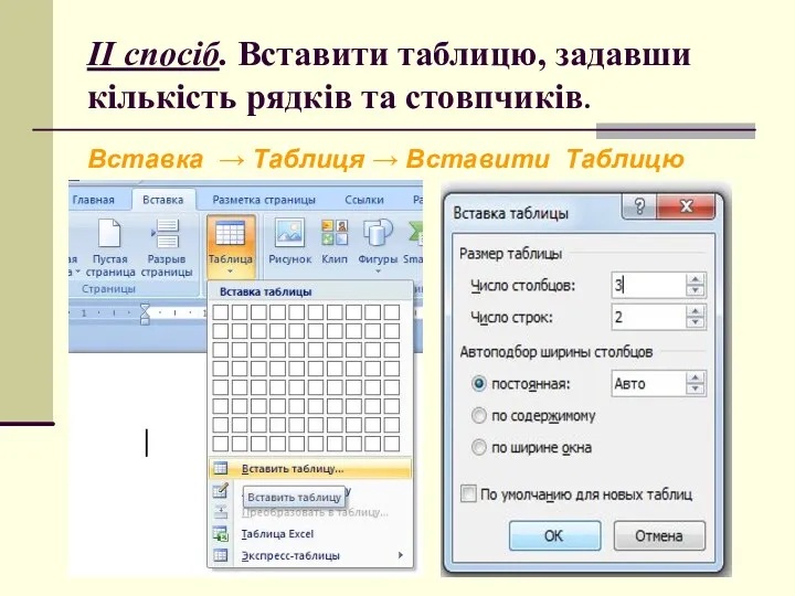 ІІ спосіб. Вставити таблицю, задавши кількість рядків та стовпчиків. Вставка → Таблиця → Вставити Таблицю