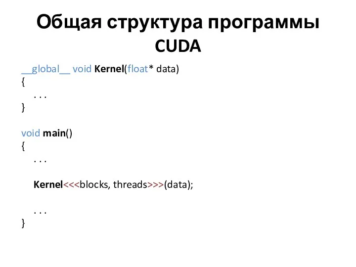 Общая структура программы CUDA __global__ void Kernel(float* data) { .
