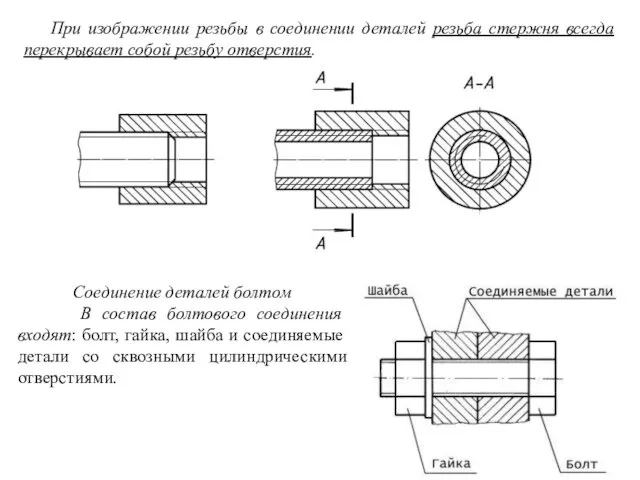 При изображении резьбы в соединении деталей резьба стержня всегда перекрывает
