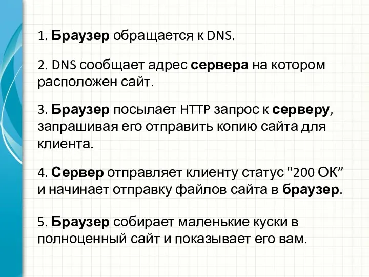 1. Браузер обращается к DNS. 2. DNS сообщает адрес сервера