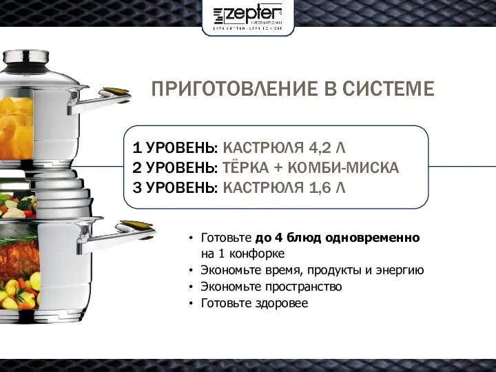 ПРИГОТОВЛЕНИЕ В СИСТЕМЕ 1 УРОВЕНЬ: КАСТРЮЛЯ 4,2 Л 2 УРОВЕНЬ: