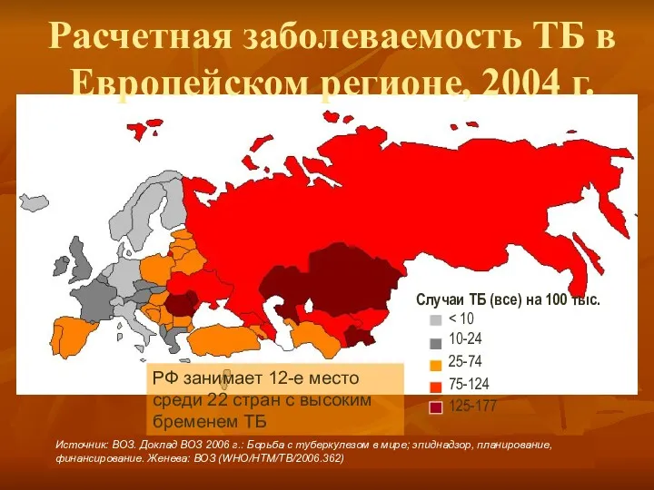 Расчетная заболеваемость ТБ в Европейском регионе, 2004 г. Источник: ВОЗ. Доклад ВОЗ 2006