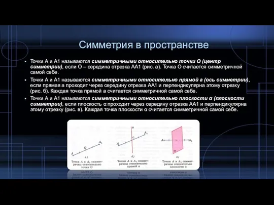 Симметрия в пространстве Точки А и А1 называются симметричными относительно