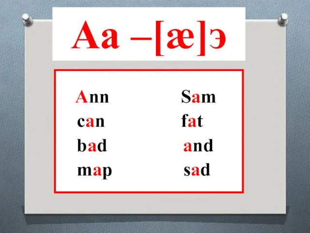 Аа –[æ]э Ann Sam can fat bad and map sad