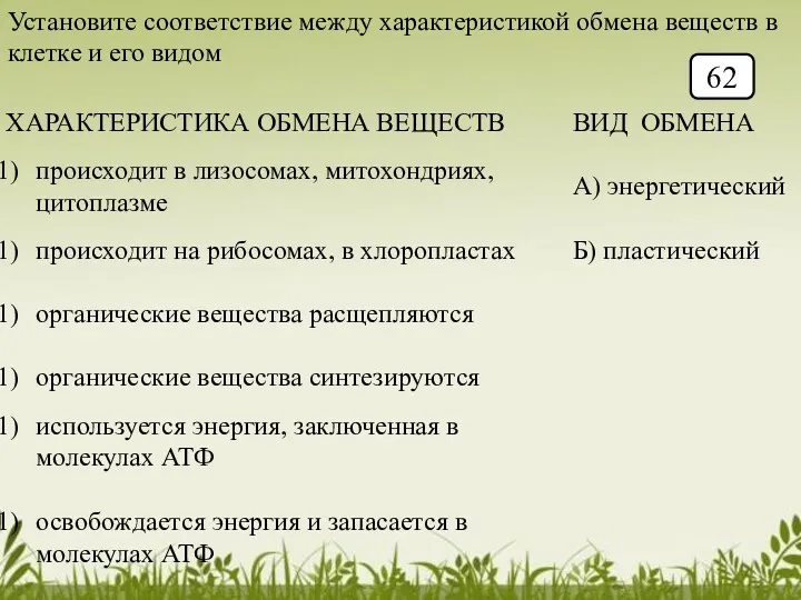 Установите соответствие между характеристикой обмена веществ в клетке и его видом 62