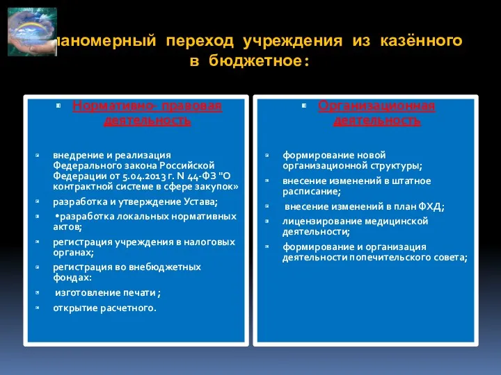 Планомерный переход учреждения из казённого в бюджетное: Нормативно- правовая деятельность