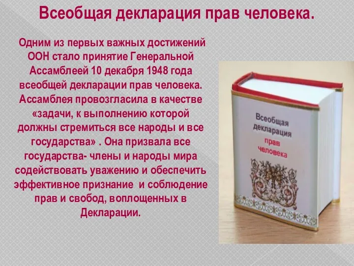 Одним из первых важных достижений ООН стало принятие Генеральной Ассамблеей