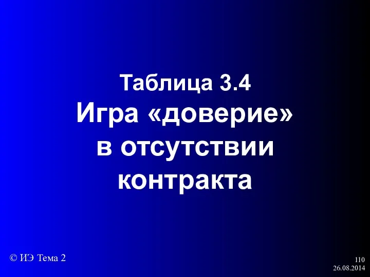 26.08.2014 Таблица 3.4 Игра «доверие» в отсутствии контракта © ИЭ Тема 2