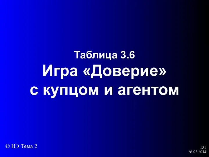 26.08.2014 Таблица 3.6 Игра «Доверие» с купцом и агентом © ИЭ Тема 2