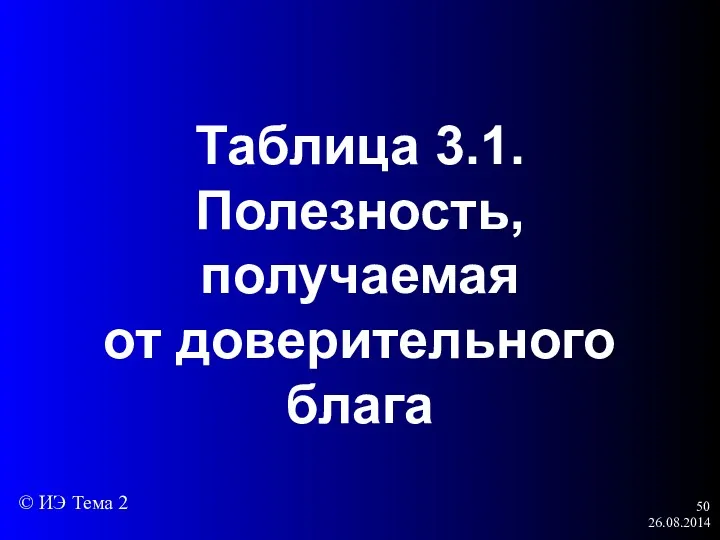 26.08.2014 Таблица 3.1. Полезность, получаемая от доверительного блага © ИЭ Тема 2