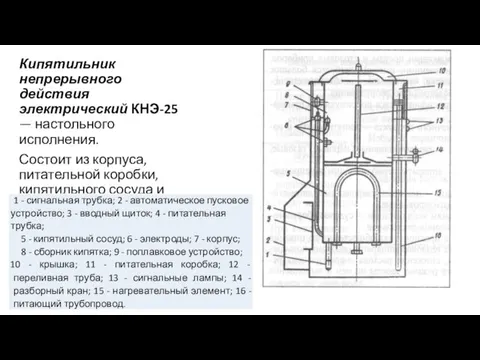 Кипятильник непрерывного действия электрический КНЭ-25 — настольного исполнения. Состоит из