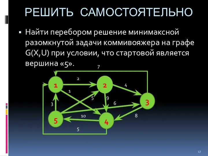 РЕШИТЬ САМОСТОЯТЕЛЬНО Найти перебором решение минимаксной разомкнутой задачи коммивояжера на