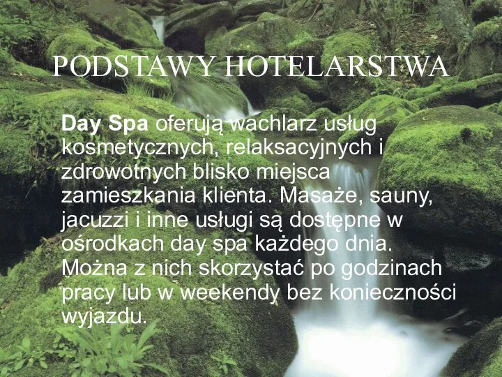 PODSTAWY HOTELARSTWA Day Spa oferują wachlarz usług kosmetycznych, relaksacyjnych i