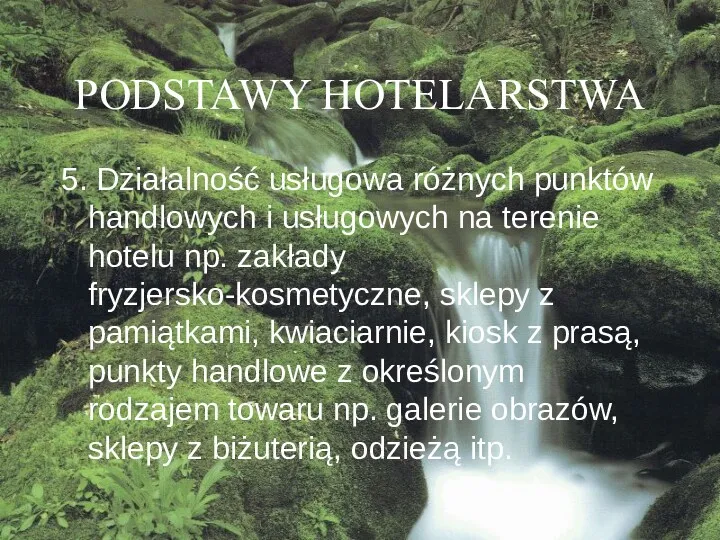 PODSTAWY HOTELARSTWA 5. Działalność usługowa różnych punktów handlowych i usługowych