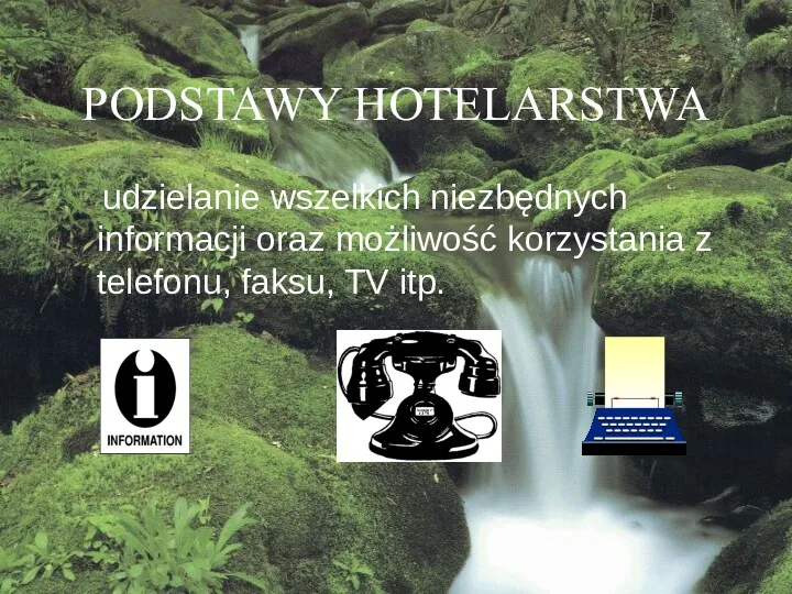 PODSTAWY HOTELARSTWA udzielanie wszelkich niezbędnych informacji oraz możliwość korzystania z telefonu, faksu, TV itp.