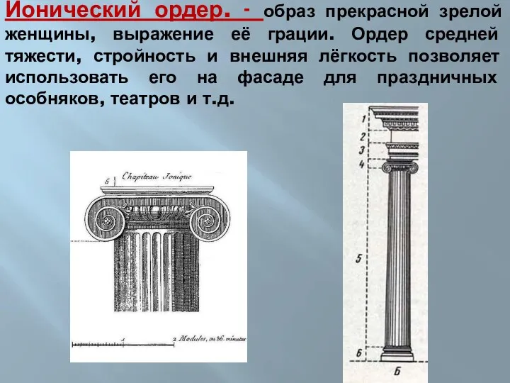 Ионический ордер. - образ прекрасной зрелой женщины, выражение её грации.