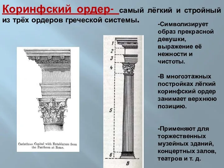 Коринфский ордер- самый лёгкий и стройный из трёх ордеров греческой