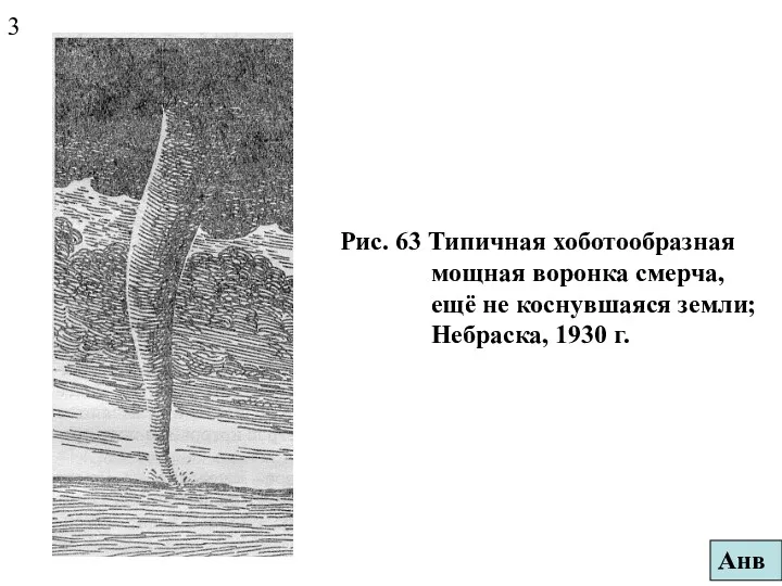 Рис. 63 Типичная хоботообразная мощная воронка смерча, ещё не коснувшаяся земли; Небраска, 1930 г. 3 Анв