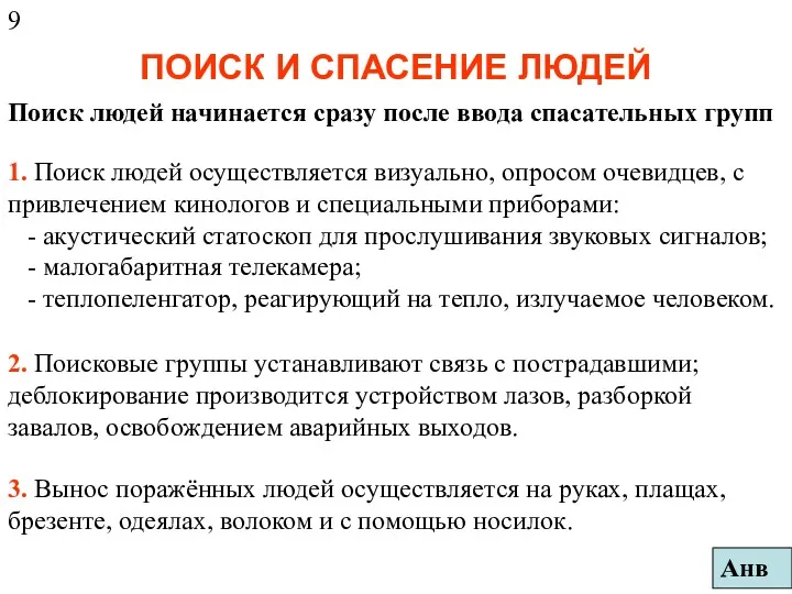 ПОИСК И СПАСЕНИЕ ЛЮДЕЙ Поиск людей начинается сразу после ввода