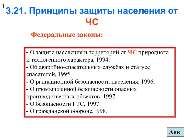 3.21. Принципы защиты населения от ЧС Федеральные законы: - О