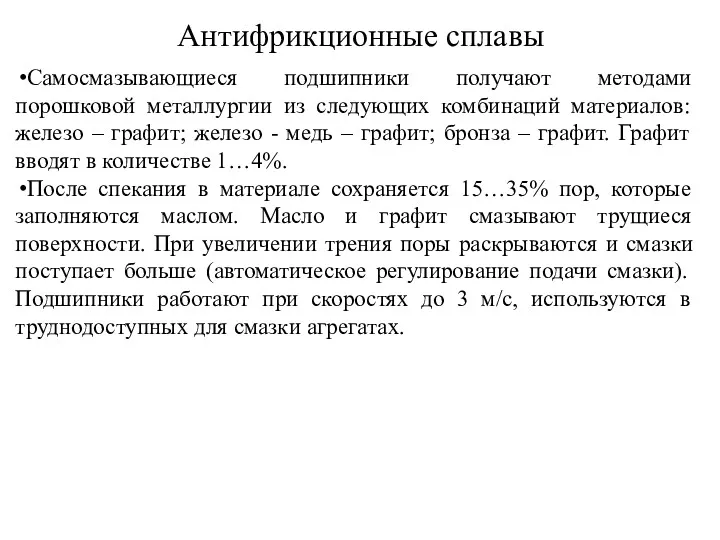 Антифрикционные сплавы Самосмазывающиеся подшипники получают методами порошковой металлургии из следующих