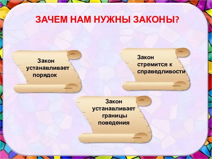 Закон устанавливает порядок Закон стремится к справедливости Закон устанавливает границы поведения ЗАЧЕМ НАМ НУЖНЫ ЗАКОНЫ?