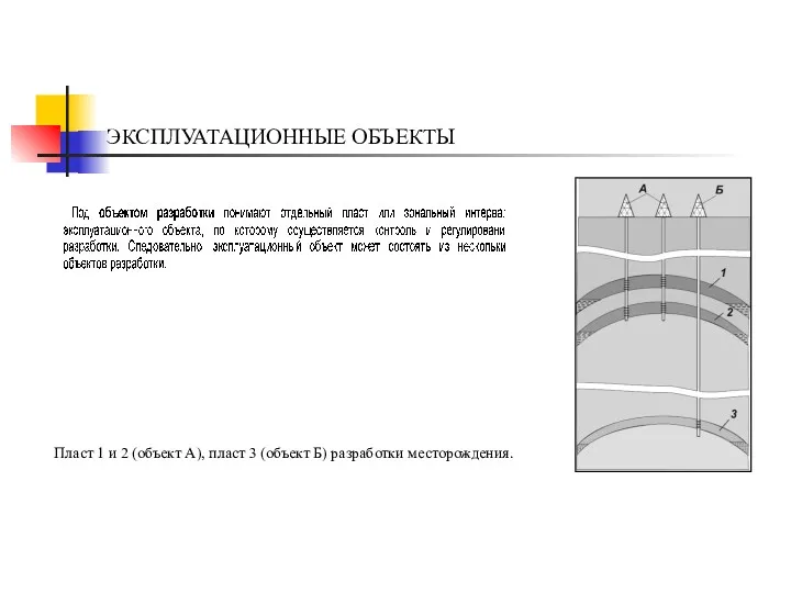 ЭКСПЛУАТАЦИОННЫЕ ОБЪЕКТЫ Пласт 1 и 2 (объект А), пласт 3 (объект Б) разработки месторождения.