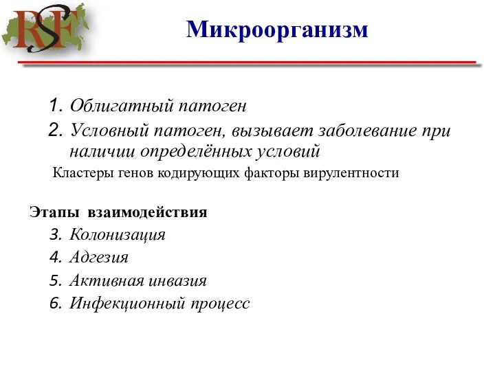 Микроорганизм Облигатный патоген Условный патоген, вызывает заболевание при наличии определённых