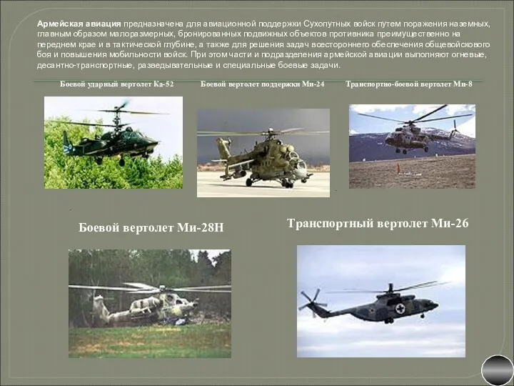 Армейская авиация предназначена для авиационной поддержки Сухопутных войск путем поражения