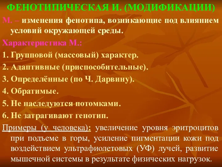 ФЕНОТИПИЧЕСКАЯ И. (MОДИФИКАЦИИ) М. – изменения фенотипа, возникающие под влиянием