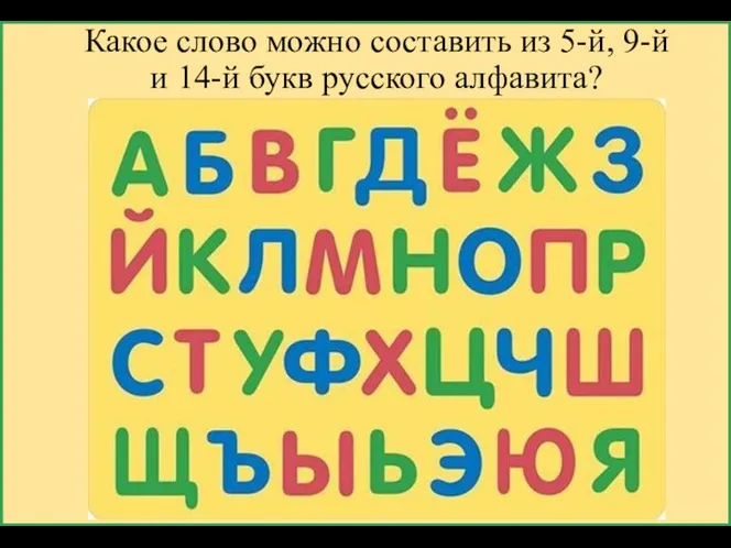 Какое слово можно составить из 5-й, 9-й и 14-й букв русского алфавита?