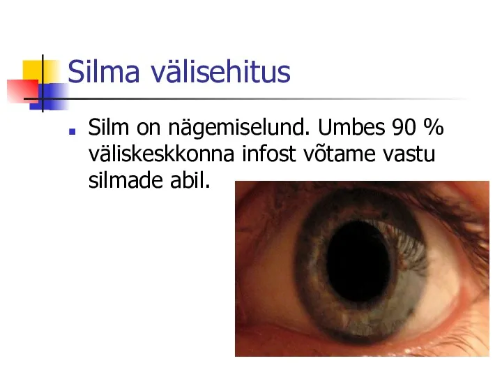 Silma välisehitus Silm on nägemiselund. Umbes 90 % väliskeskkonna infost võtame vastu silmade abil.