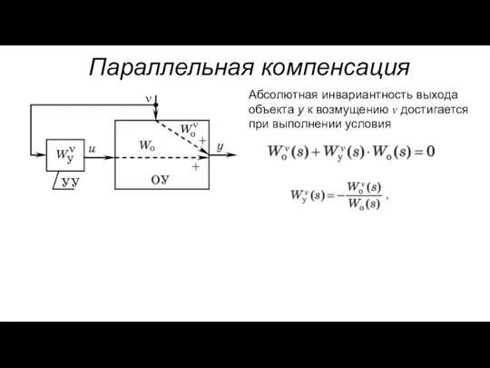 Абсолютная инвариантность выхода объекта y к возмущению v достигается при выполнении условия Параллельная компенсация