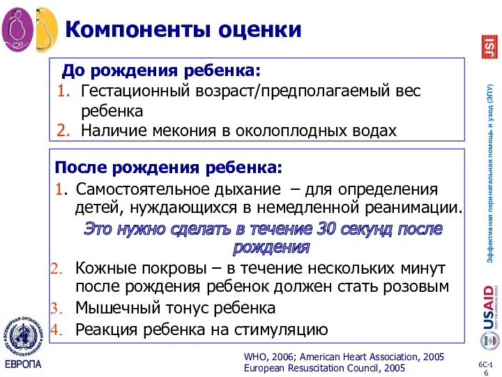 Компоненты оценки После рождения ребенка: 1. Самостоятельное дыхание – для