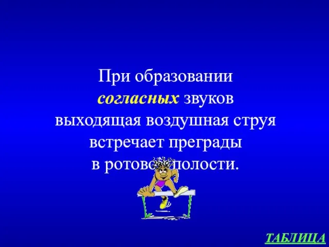 ТАБЛИЦА При образовании согласных звуков выходящая воздушная струя встречает преграды в ротовой полости.