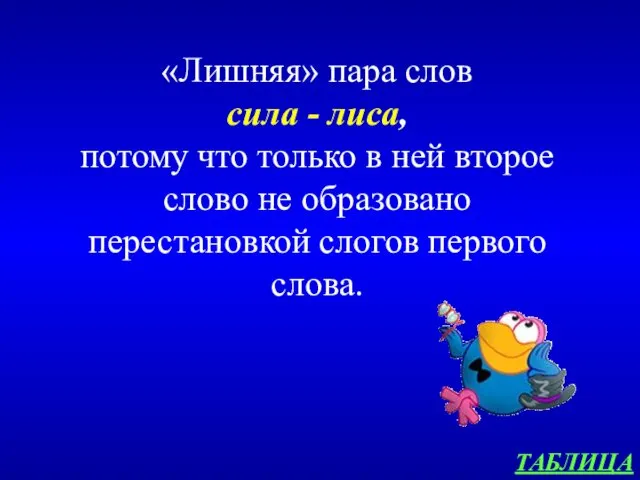 ТАБЛИЦА «Лишняя» пара слов сила - лиса, потому что только