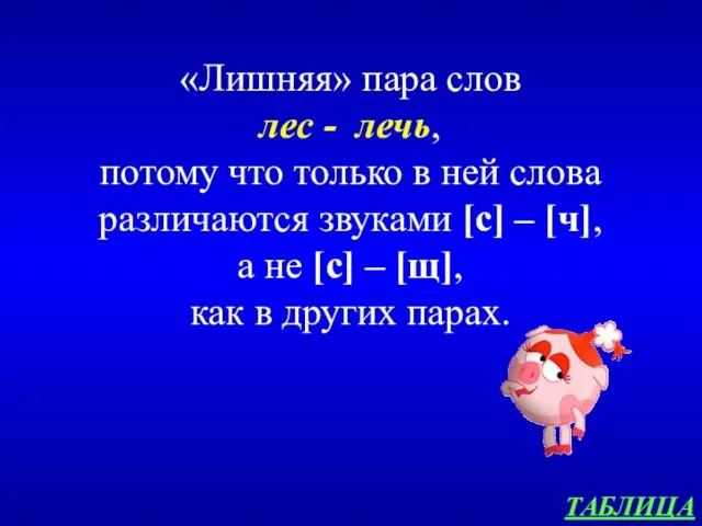 ТАБЛИЦА «Лишняя» пара слов лес - лечь, потому что только