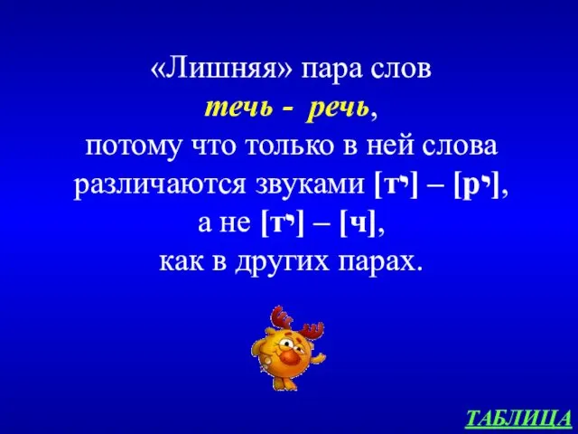 ТАБЛИЦА «Лишняя» пара слов течь - речь, потому что только