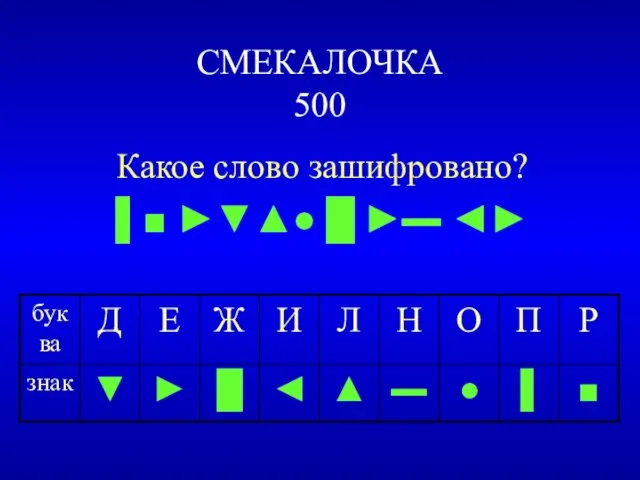 СМЕКАЛОЧКА 500 Какое слово зашифровано? ▌■ ►▼▲● █ ►▬ ◄►