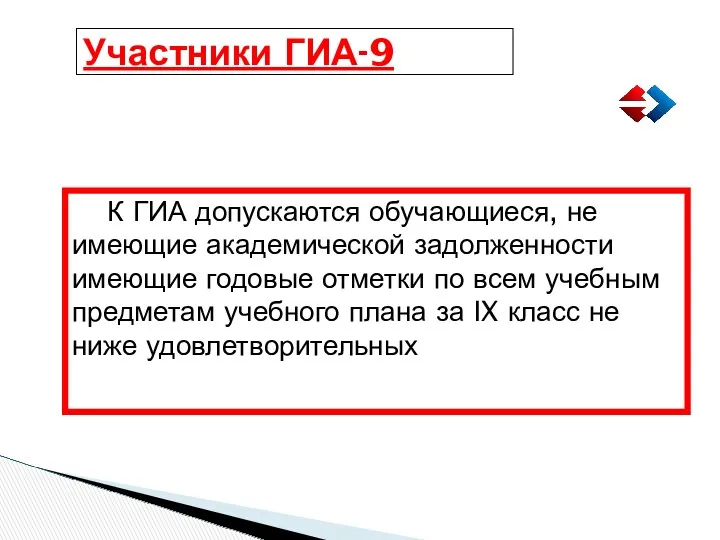 Участники ГИА-9 К ГИА допускаются обучающиеся, не имеющие академической задолженности