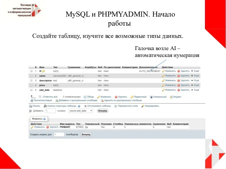 MySQL и PHPMYADMIN. Начало работы Создайте таблицу, изучите все возможные