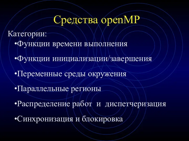 Средства openMP Категории: Функции времени выполнения Функции инициализации/завершения Переменные среды окружения Параллельные регионы