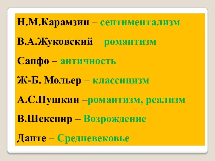 Н.М.Карамзин – сентиментализм В.А.Жуковский – романтизм Сапфо – античность Ж-Б.