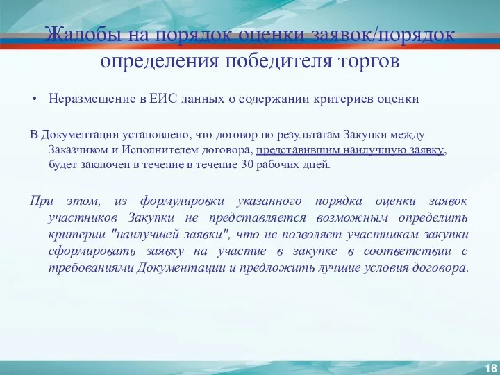 Жалобы на порядок оценки заявок/порядок определения победителя торгов Неразмещение в