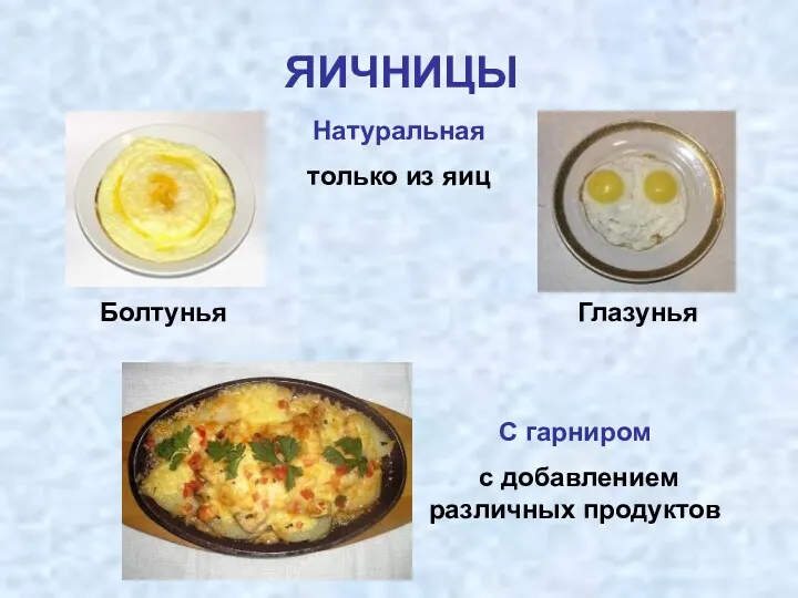 ЯИЧНИЦЫ Натуральная только из яиц С гарниром с добавлением различных продуктов Болтунья Глазунья