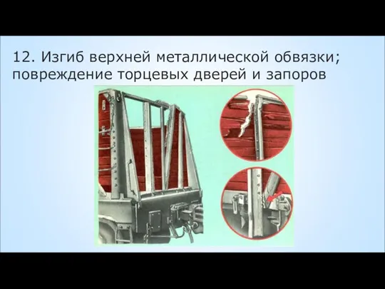 12. Изгиб верхней металлической обвязки; повреждение торцевых дверей и запоров