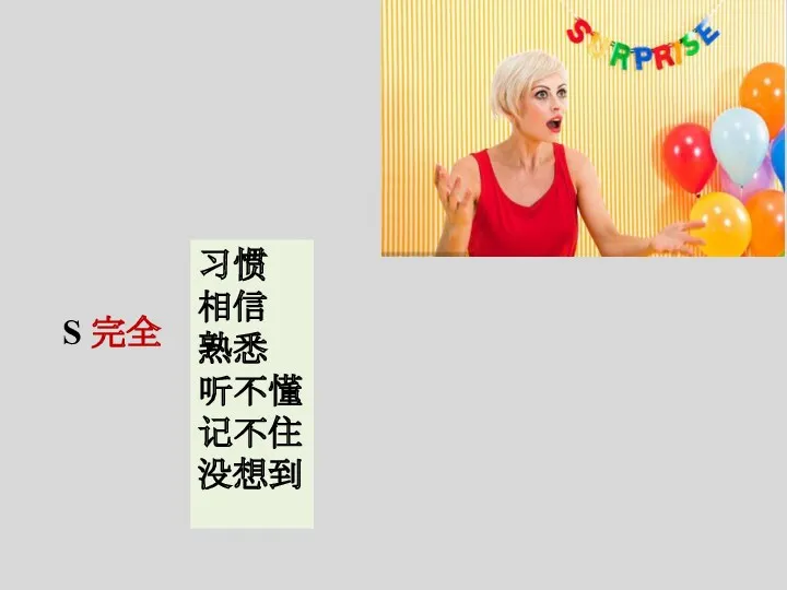 S 完全 …… 习惯 相信 熟悉 听不懂 记不住 没想到