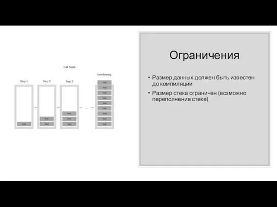 Ограничения Размер данных должен быть известен до компиляции Размер стека ограничен (возможно переполнение стека)