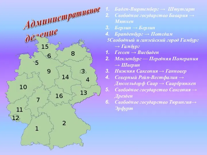 Баден-Вюртемберг → Штутгарт Свободное государство Бавария → Мюнхен Берлин →