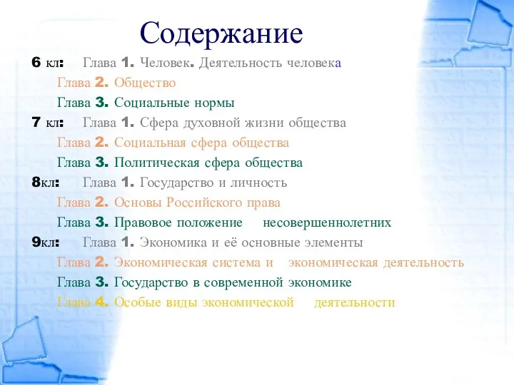 Содержание 6 кл: Глава 1. Человек. Деятельность человека Глава 2.